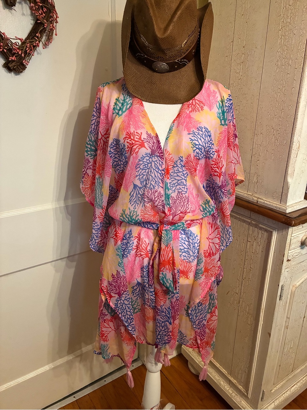 Multicolor Coral-Print Pink Tie-Waist Swim Coverup